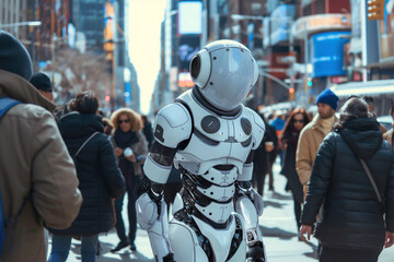 A humanoid robot with artificial intelligence walks among pedestrians on a busy city street in the distant future.