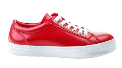 A vibrant red sneaker adorned with crisp white laces stands out against a neutral background