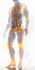 3D rendered illustration of a human figure with highlighted joints in orange, emphasizing the knees and hips against a stark white background, conveying medical anatomy.