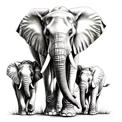 Foto op Aluminium This image is a black and white drawing of an adult elephant with two baby elephants. The elephant is largest, with its ears out and tusks showing. The baby elephants are smaller and stand on either © stockseller