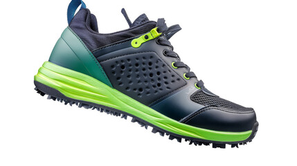 A pair of sleek black and green shoes stand out against a stark white background