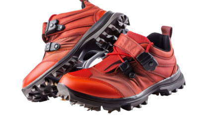A vivid pair of red shoes adorned with fierce spikes, daring to make a bold fashion statement