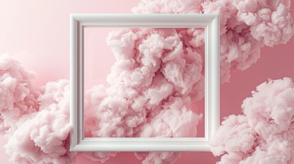Close up of white frame surrounded by pink smoke cloud, minimalistic concept on white background.