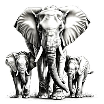 This image is a black and white drawing of an adult elephant with two baby elephants. The elephant is largest, with its ears out and tusks showing. The baby elephants are smaller and stand on either