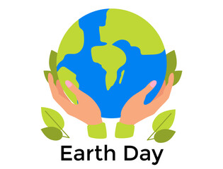 World earth day concept, hands holding globe with green leaves around. Save the planet, environmental problems.  Vector illustration.