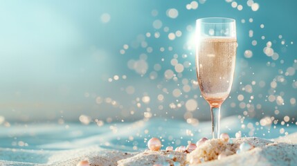 Close up of a glass of champagne on a sandy beach by the sea, summer party concept.