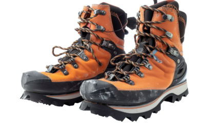 A sturdy pair of hiking boots resting on a white background