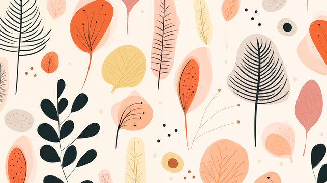 Illustration de petites plantes et feuilles disposées en motif. Nature, fleur, plante. Feuilles de couleurs sur fond blanc. Pour conception et création graphique. 