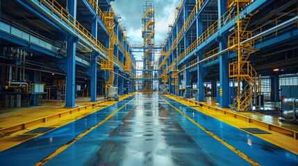 Large Industrial Building With Yellow and Blue Pipes
