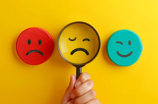 A Hand Holding A Magnifying Glass Over Blue And Red Smiley Face Icons On A Yellow Background, In A Top View. The Positive And Negative Emotions Concept With Emotional Expressions Of Sad And Happy Peop