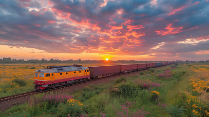Aerial view to the long electric train runs through fields and prairies in front of colorful sunset. Illustration of the theme of railway transport and communication routes