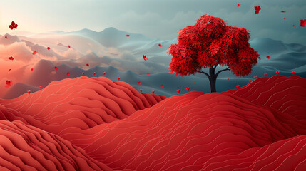 Abstract paper cut floral hearts on red background, Valentines day concept