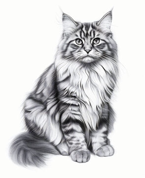 British Longhair Cats.  Generated Image.  A digital illustration sketch of a British Longhair cat.  Pencil on white paper.