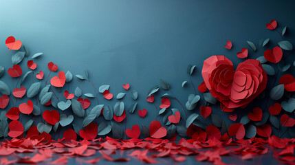 Abstract paper cut floral hearts on red background, Valentines day concept