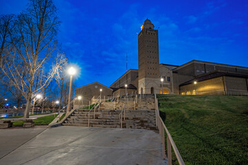 Morning view of staircase leading to the arena and its tower on the campus of Texas Tech University...