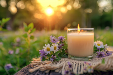 Obraz na płótnie Canvas Tranquil Sunset Scene with Aromatic Candle and Wildflowers