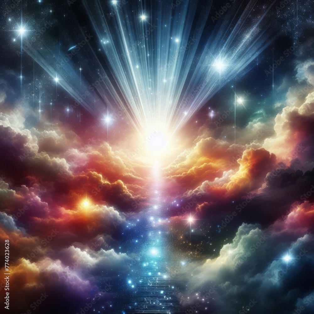 Poster a mystical stairway ascends towards a dazzling light, suggestive of a pathway to transcendence amids