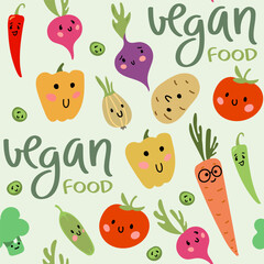 Fototapeta premium Seamless pattern VEGAN FOOD. Cartoon Vegetables. Broccoli, tomatoes, radishes, beets, carrot, onion. Abstract pattern for organic shop, healthy food store or vegetarian cafe.