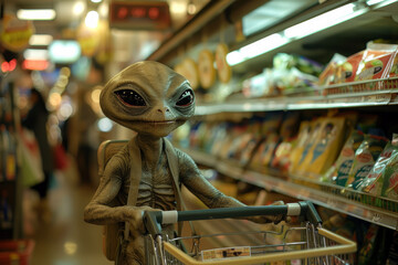 Extraterrestrial alien in the supermarket shopping.