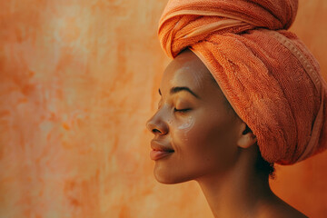 Serene Woman with Turban Enjoying a Skincare Routine Against an Orange Backdrop