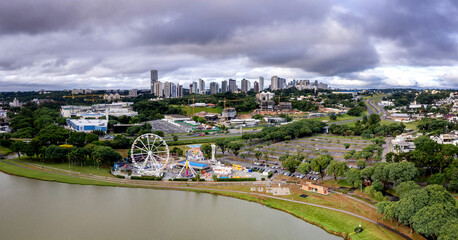 Aerial view of beautiful and green Parque Barigui and its amusement park in Curitiba, Brazil