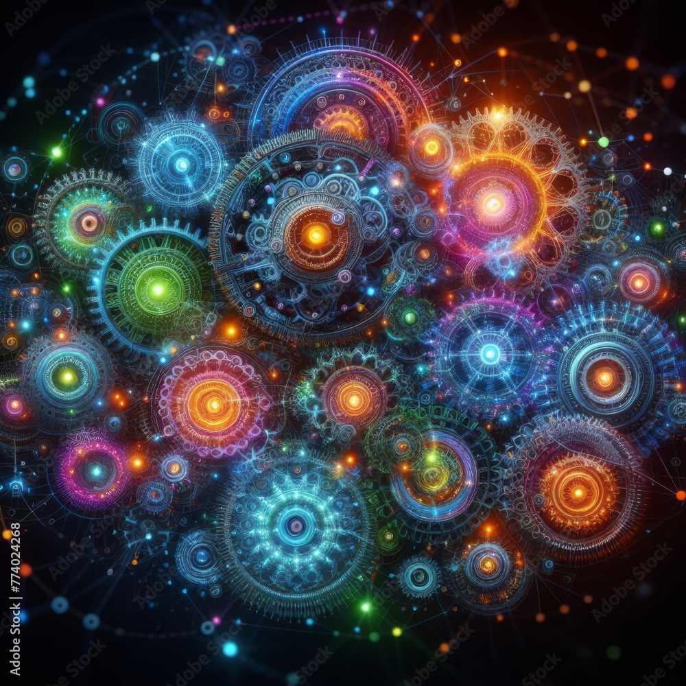 Poster a digitally generated image of radiant mechanical elements reminiscent of a cosmic galaxy, with a fo