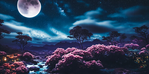 A breathtaking scene on Paradise fantasy planet, a night sky filled with moonlight and nebulae