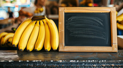 Counter on farmer's market with fresh organic banans, empty chalk board for inscription. Copy...