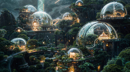 Luminous Bio-Dome Complex Nestled in a Lush Forest with Waterfalls