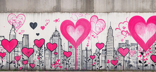 Downtown urban concrete wall with graffiti like artwork depicting tall buildings and skyscrapers with pink hearts - colorful and lively street art to beautify and bring love and unity to inner city.