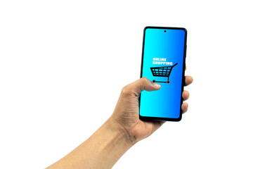 Online shopping concepts. Man hand using smartphone for online shopping isolated isolated on white background. All screen graphics are made up.