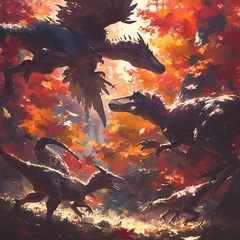 Foto op Canvas Dynamic Duo: A pack of Deinonychus stalking prey in a lush forest landscape. © RobertGabriel