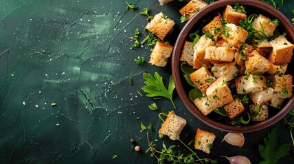 A bowl of golden-brown croutons garnished with herbs on a dark green textured background - obrazy, fototapety, plakaty