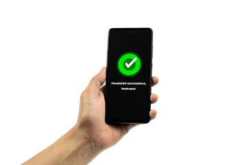 Online payment Concepts. Smartphone with Transfer Successful notification on screen isolated on white background. All screen graphics are made up.