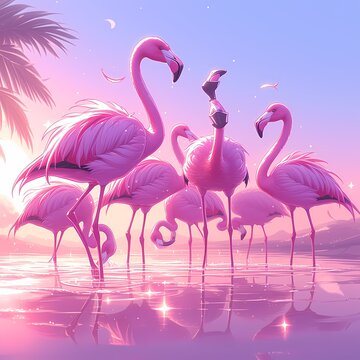 Beautiful flock of flamingos standing together as the sun sets, perfect for travel or nature-inspired content.