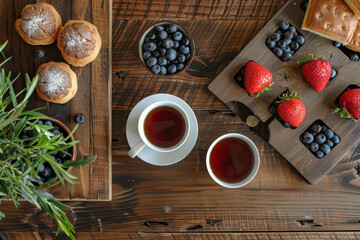 Obraz na płótnie Canvas Rustic Breakfast Spread with Fresh Berries, Pastries, and Tea