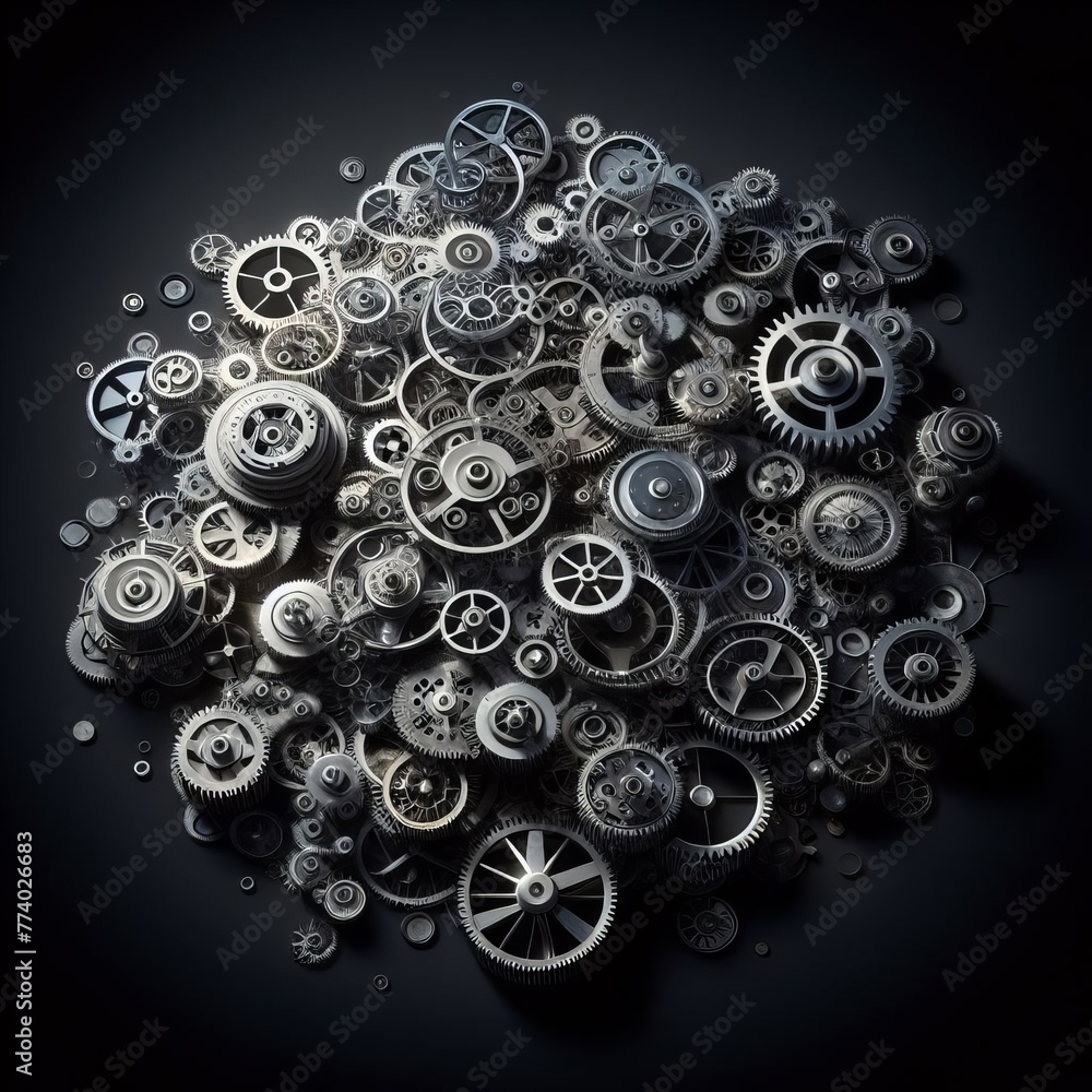 Poster a collection of various metal gears and cogs closely packed together, illustrating complexity and me