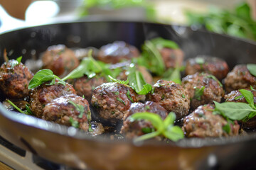 closeup meatballs with herbs in a pan