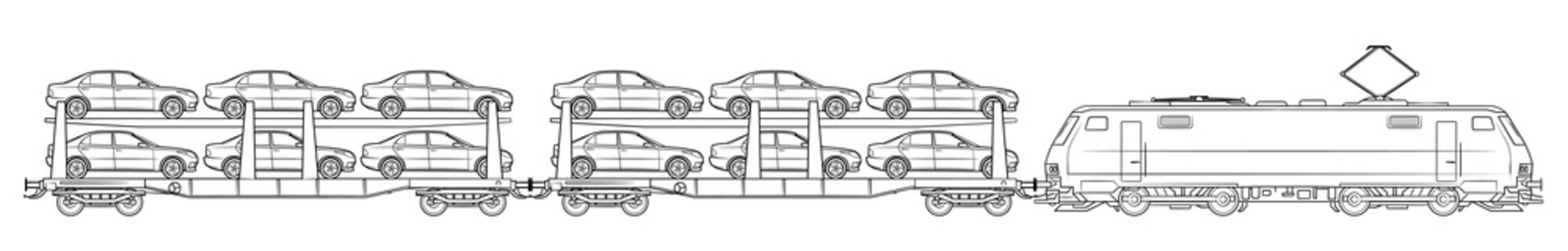 Cars carrier train illustration - black and white vector stock illustration