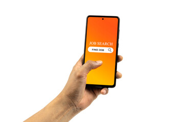 Job Search Concept. Man hand holding smartphone and browsing job opportunities online using job search app. All screen graphics are made up.
