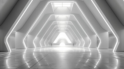 Empty futuristic hallway, long light shining corridor. White tunnel with light