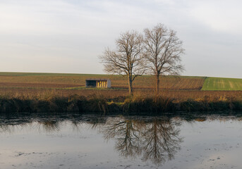 paysage de Bourgogne : le canal entre Champagne et Bourgogne anciennement canal de la Marne à la Saône à Cheuge en Côte d'Or en hiver