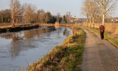 paysage de Bourgogne : le canal entre Champagne et Bourgogne anciennement canal de la Marne à la Saône à Cheuge en Côte d'Or en hiver