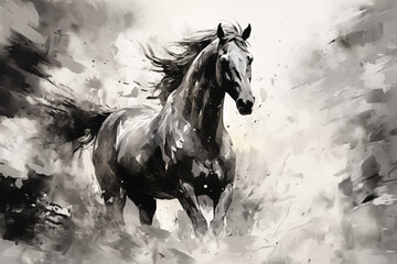 abstract artistic background with a horse, in oil paint type black and white design