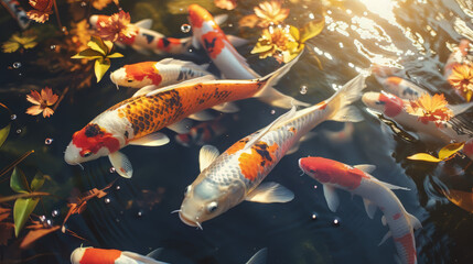 Koi fish in the pond water background