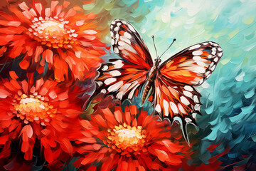 abstract artistic background with bright red peacock butterfly on chrysanthemum flowers, in oil paint type design - 774027414