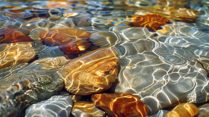 Clear glossy water in a stream with a rocky bottom. A beautiful peaceful nature scene.
