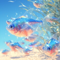 Lush Aquatic Scene Featuring a School of Gorgeous Neon Tetras Fluttering in their Natural Habitat