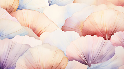 Colorful pastel seashells, watercolor background postcard