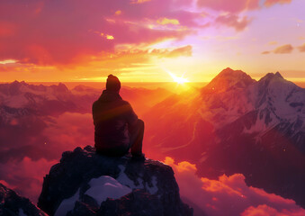 Captivating sunrise spectacle: a handsome young man beholding the vibrant sky from atop a majestic mountain, with misty valleys and rugged peaks as a breathtaking backdrop